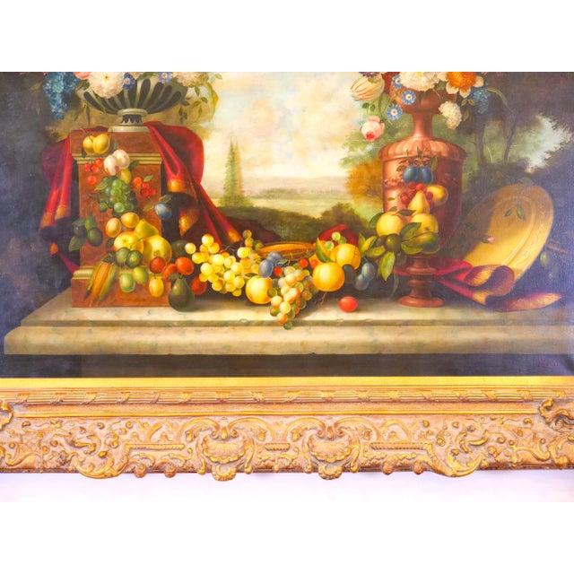 Textile Extra Large Gilt Wood Frame Oil / Canvas Flowers / Fruits Still Life Painting For Sale - Image 7 of 12