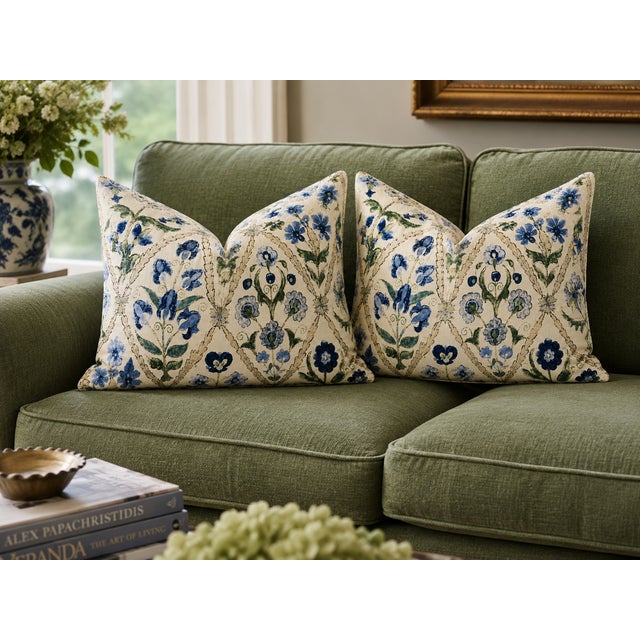 Oscar de la Renta "Susani Trellis" Designer Pillow | 16" x 20" | Blue/Green | Includes Down-Feather Blend Insert Elevate...