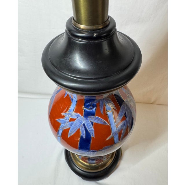 Metal Mid 20th Century Paul Hanson Bamboo Painted Porcelain Chinoiserie Lamp Brick Red Blue Gold For Sale - Image 7 of 12