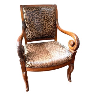 Mid 20th Century Empire Style Leopard Print Animal Hide Carved Wood Arm Chair For Sale