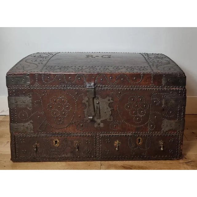 17th Century William and Mary Brass Studded Leather Chest For Sale - Image 3 of 11