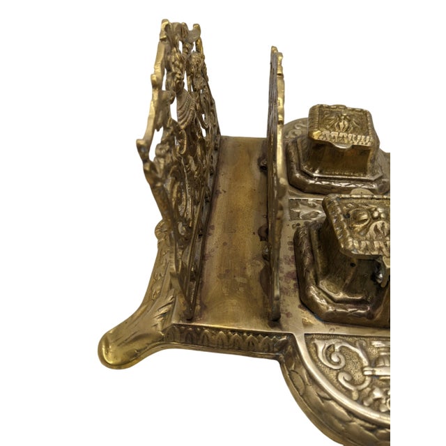 Brass Early 20th Century Antique Brass Double Inkwell Stand and Letter Holder Desk Organizer For Sale - Image 8 of 9