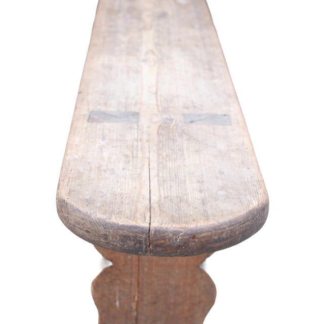 Long French Wabi-Sabi Pine Bench with Sculptural Trestle Supports, 1900 For Sale - Image 9 of 12