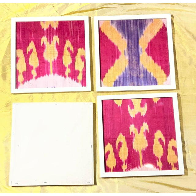 Vibrant Silk Ikat Framed Collection – Bohemian Luxury Textile Art (Set of 4) For Sale - Image 10 of 15