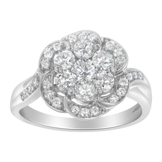 14K White Gold Floral Cluster Diamond Ring (1 Cttw, H-I Color, SI2-I1 Clarity), Size 7.5 For Sale - Image 4 of 8
