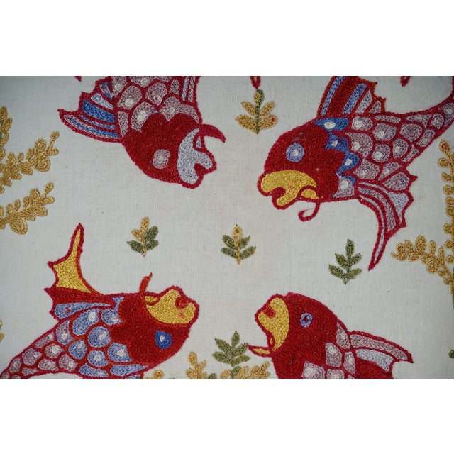 Suzani Pillow Cover – Colorful Fish Embroidery, Boho Decor For Sale - Image 4 of 5