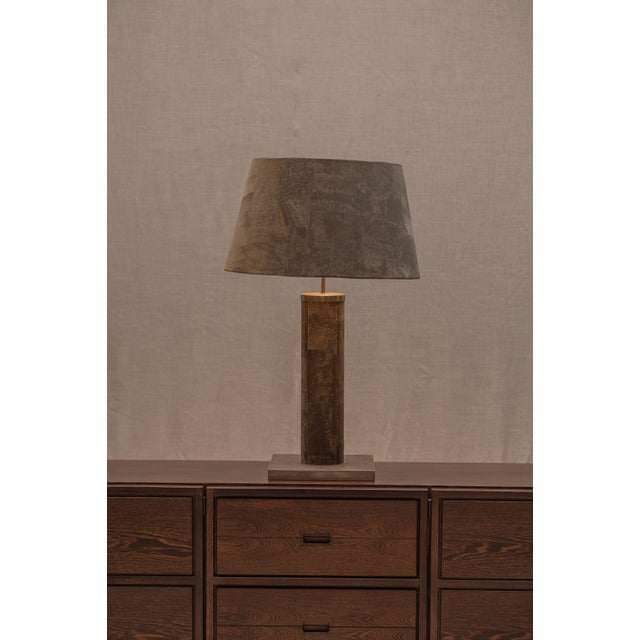 Impressive oversized table lamp from the 1970s, featuring a striking architectural design with a cylindrical cork-covered...