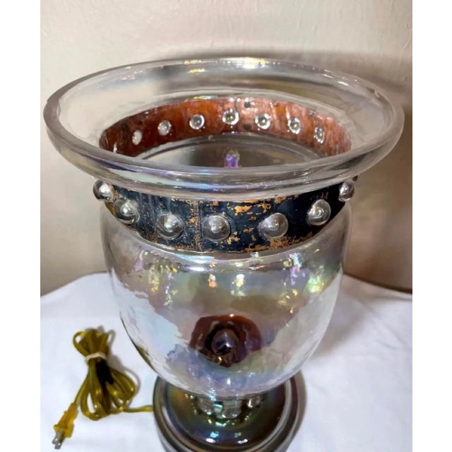 Felipe Derflingher Mid 20th Century Brutalist Derflingher Style Blackened Copper Iridescent Caged Glass Hurricane Lamp For Sale - Image 4 of 12