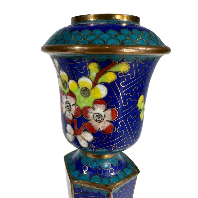 Vintage Cloisonne Enamel Floral Chinoiserie Candlesticks - A Pair For Sale - Image 9 of 12