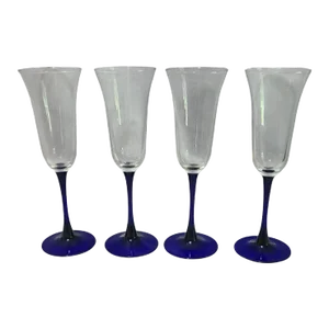 Vintage Luminarc France Cobalt Blue Stem Champagne Flute Wine Glasses- Set of 4