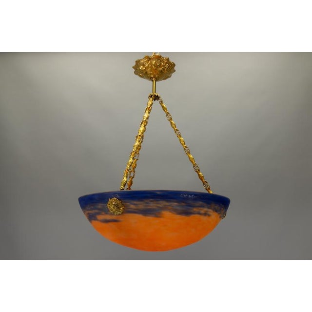 French Art Nouveau Blue & Orange Mottled Glass Pendant Light by G.V. Croismare For Sale - Image 13 of 18