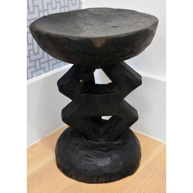 Vintage Tonga Hand Carved Wood Stool – Brutalist Sculptural Side / Plant Table, 14" For Sale - Image 4 of 9