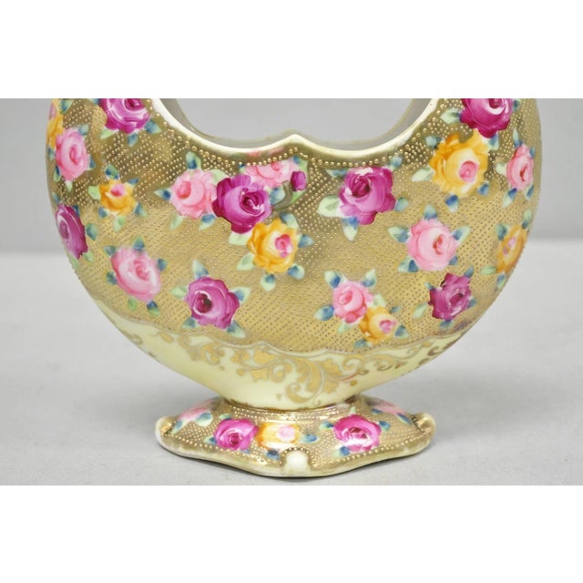 Antique Japanese Nippon Hand Painted Porcelain Gold Gilt Handle Moon Basket Vase For Sale - Image 4 of 17