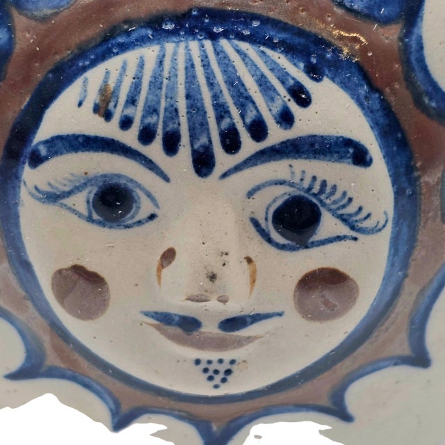 VTG Tonala Folk Art Pottery Vase Bottle Sun Face Hand Painted Mexico 9.5" For Sale - Image 9 of 10