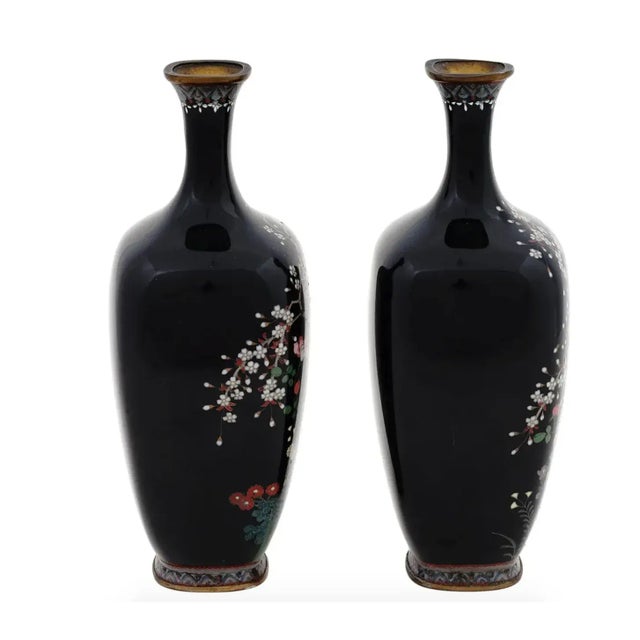 Pair of Antique Meiji Japanese Cloisonne Silver Wire Enamel Vases Blossoming Garden With Cherry Blossom Tree For Sale - Image 4 of 8