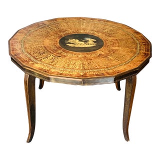 Vintage Italian Sorrento Marquetry Table With Helios Chariot Scene – Hand-Inlaid Neoclassical Olive Wood & Burl Walnut Side Table For Sale
