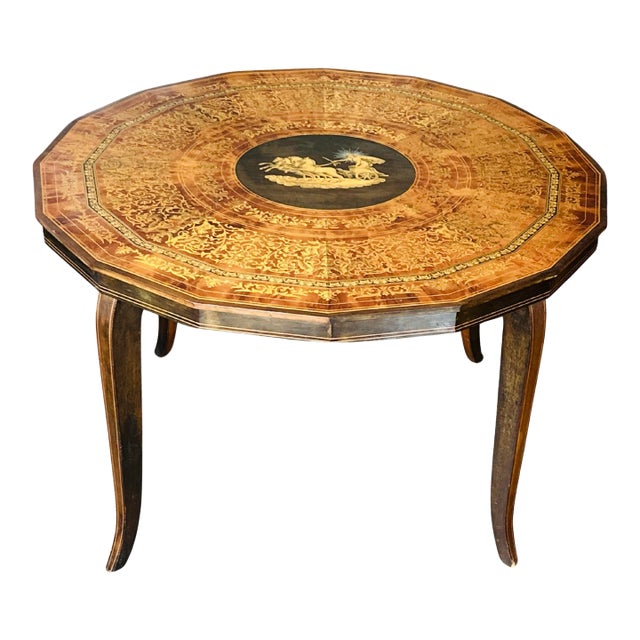 Vintage Italian Sorrento Marquetry Table With Helios Chariot Scene – Hand-Inlaid Neoclassical Olive Wood & Burl Walnut Side Table For Sale