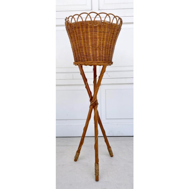 Vintage Woven Wicker Plant Basket on Wood Legs Chairish