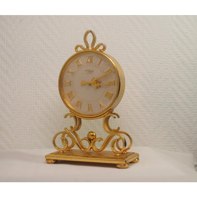 Mid-Century Gilt Brass Imhof Genève Clock With 8-Day Movement 15 Jewels Retro Desk Clock Circa 1960s Made in Swiss For Sale - Image 4 of 9