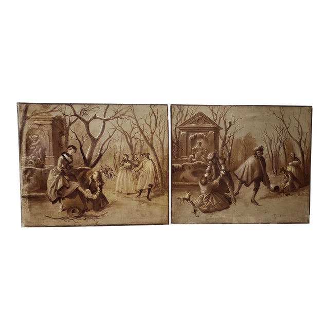 Late 19th Century "Ice Skating" Original European Oil Paintings C.1890s - a Pair For Sale