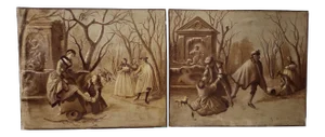 Late 19th Century "Ice Skating" Original European Oil Paintings C.1890s - a Pair