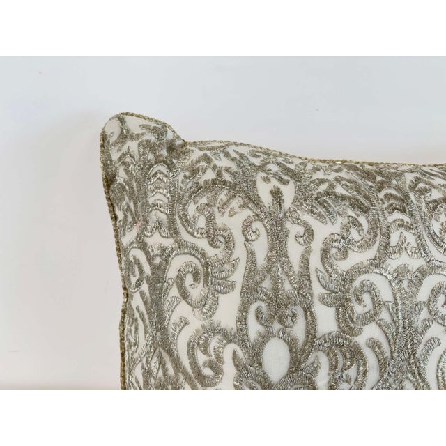 Turkish Ottoman Revival Silver Metallic Embroidered Linen Decorative Pillow For Sale - Image 9 of 16