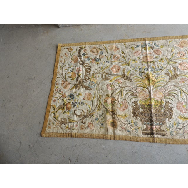18Th C. Large Antique Yellow and Green Embroidered Textile Panel For Sale - Image 4 of 11