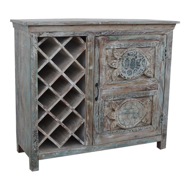 Solid Reclaimed Wood Bar Cabinet With Wine Storage, 1 Door and Hand Carved Turtles. For Sale