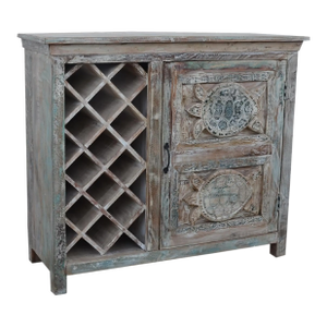 Solid Reclaimed Wood Bar Cabinet With Wine Storage, 1 Door and Hand Carved Turtles.