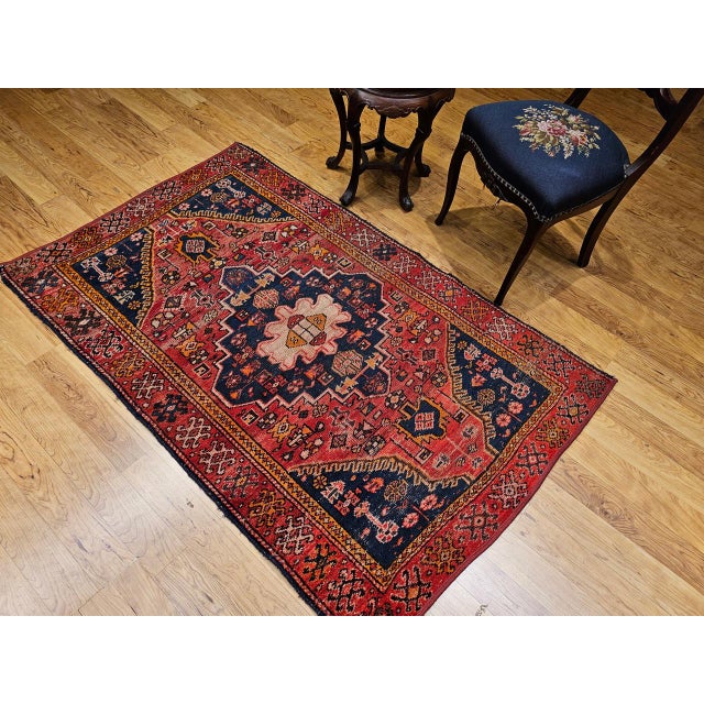 Vintage Persian Malayer Area Rug, Hand-Knotted Wool, Geometric Tribal Pattern, 4x6, Red & Blue For Sale In Chicago - Image 6 of 16
