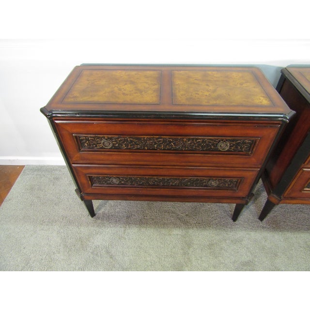 Item 87946: Milling Road pair of burlwood chests or nightstands. Age: 2000's. Details: Burl wood with ornate drawer...