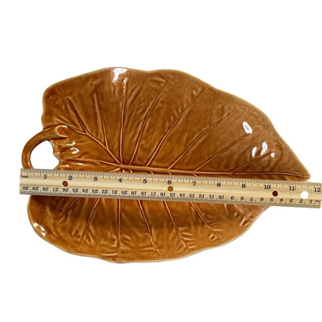 Vintage Bordallo Pinheiro Orange Porcelain Majolica Leaf Shaped Dish Plate 12" Portugal. For Sale In Phoenix - Image 6 of 6
