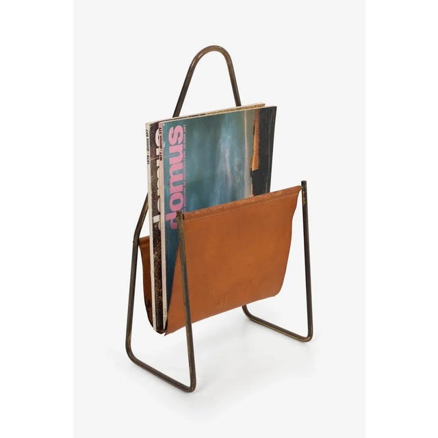 Mid-Century Modern Carl Auböck Brass and Leather Magazine Rack For Sale - Image 3 of 11