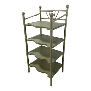 Vintage Four Tier Bamboo Shelf in Sage Green For Sale