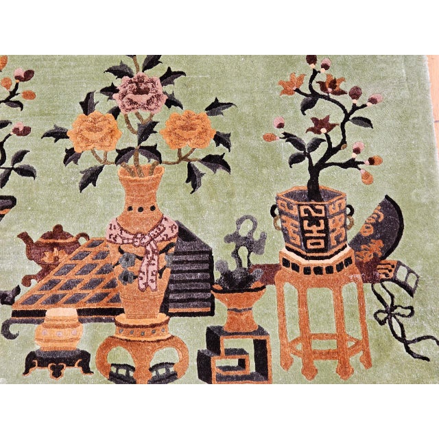 Pair of Vintage Chinese Art Deco Pictorial Rugs, Silk & Wool, Vase Motif, 2' x 3' For Sale In Chicago - Image 6 of 12