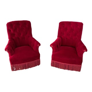 French Napoleon III Red Velvet Tufted Armchairs - a Pair For Sale