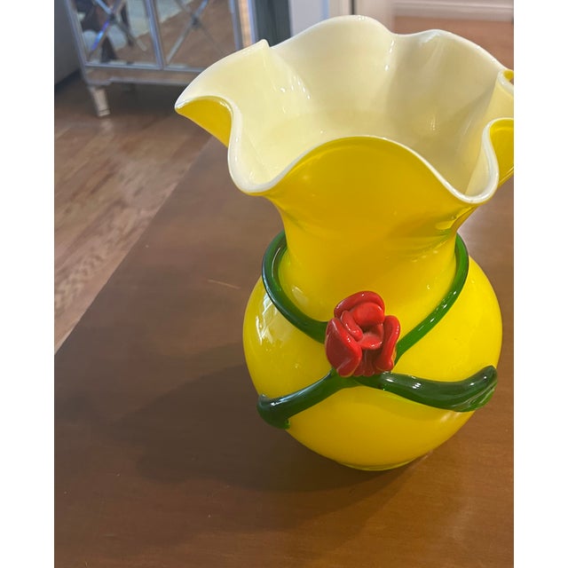 Late 20th Century Bright Handblown Art Glassvase With Applied Rose Detail For Sale - Image 5 of 8