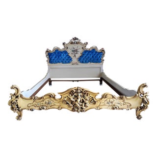1970s Italian Rococo Style Tufted Blue Velvet Headboard Queen Bed For Sale