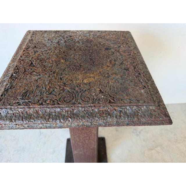 Vintage Brutalist Metal Garden Pedestal With Embossed Top For Sale - Image 4 of 12