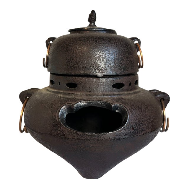 Vintage Japanese Cast Iron Kama Furo Chanoyu Tea Ceremony Kettle Brazier For Sale