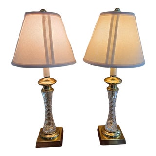 Late 20th Century Hollywood Regency Brass and Crystal Table Lamps - A Pair For Sale