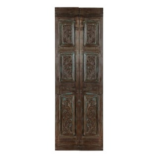 Mid Century Floral Carved French Doors | Reclaimed Wood Pantry Closet Doors 80x28 For Sale