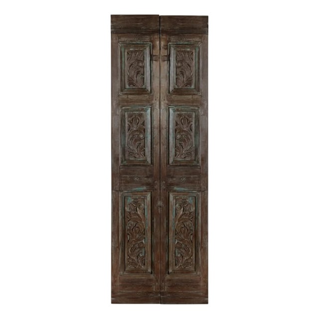 Mid Century Floral Carved French Doors | Reclaimed Wood Pantry Closet Doors 80x28 For Sale