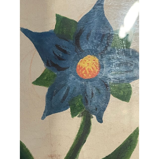 Antique American folk Art naive floral painting on woven antique paper in modern Handpainted frame.