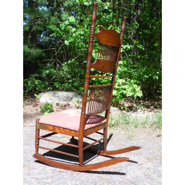 Antique Spoon Carved Solid Oak Spindle Back Rocker Needlepoint Rocking Chair For Sale - Image 10 of 12