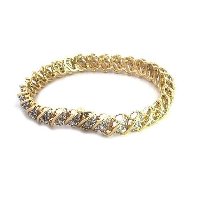 Late 20th Century Diamond Gold S Link Bracelet 5ct 14k Two Tone Wide Slant Design 5 carats For Sale - Image 5 of 8