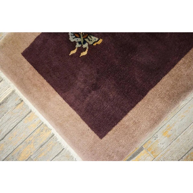 1920s Splendid Plum Ground Flower Design Antique Chinese Art Deco Knotted Rug For Sale - Image 9 of 13