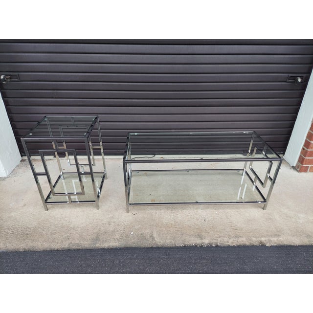 Mid Century / Hollywood Regency Coffee Table and 1 Matching End Table Glass Top and Lower Shelf on Each - Chrome Frames -...