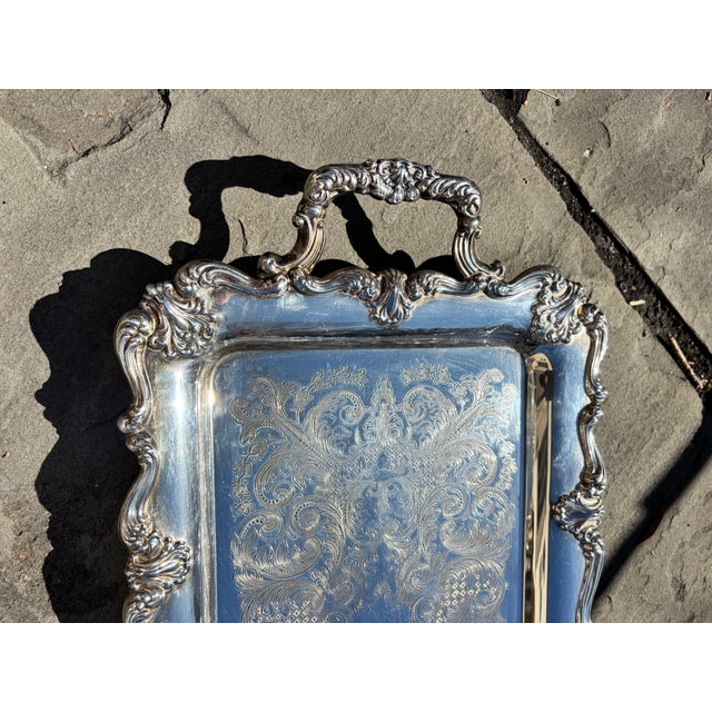 1960s B Rogers Silver Co. Ornate Silver Plate Over Brass Handled Tray For Sale In Philadelphia - Image 6 of 6