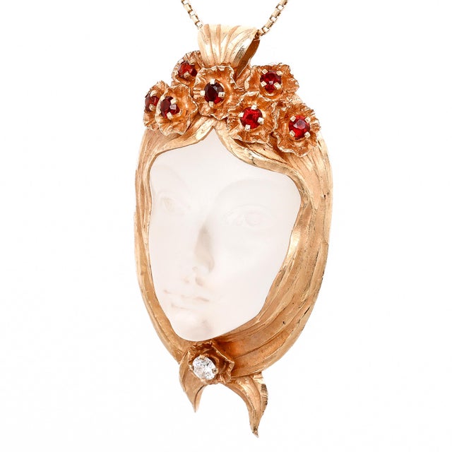 Walter Bauscher 14k Gold, Rock Crystal, Garnet, and Diamond Figural Face Pendant For Sale In Philadelphia - Image 6 of 14